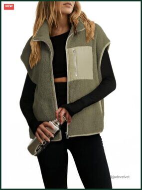 Sherpa Fleece Vest Zip Up Oversized Casual Jacket Stand Collar